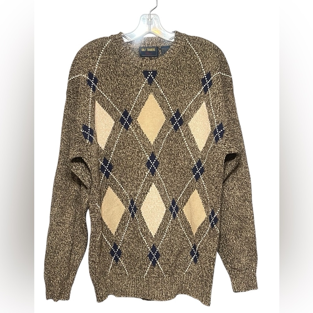 Vintage Gulf Traders Men’s Argyle Crewneck Sweater Large Brown Cream Navy Cotton